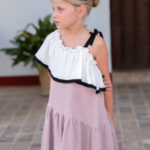 Vestido lino rosa empolvado y negro