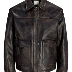 CAMPERA BIKER DE CUERO WALLACE - Brown Stone Detail:WASHED