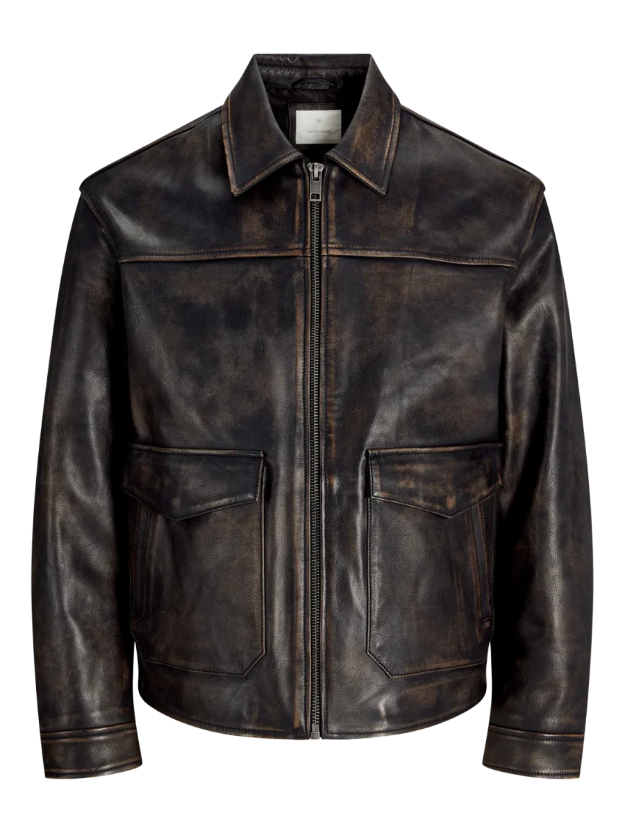CAMPERA BIKER DE CUERO WALLACE - Brown Stone Detail:WASHED