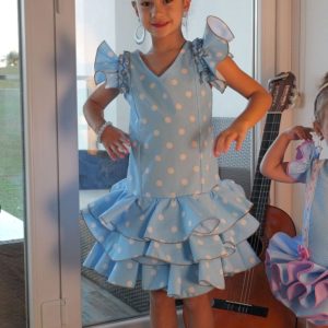 Vestido Flamenca Niña Modelo Candela Celeste Lunares Blanco