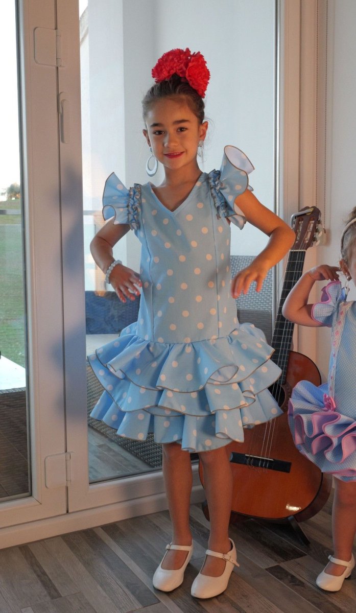 Vestido Flamenca Niña Modelo Candela Celeste Lunares Blanco - Imagen 2