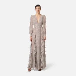Vestido red carpet de georgette con estampado de lunares y cintas