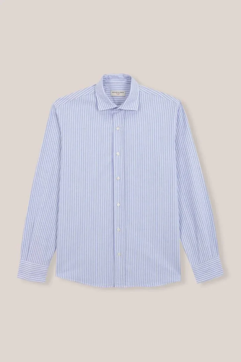 Camisa de Algodón - Oxford Azul Raya Fina Blanca