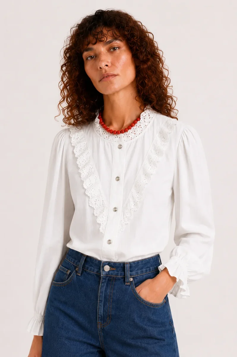 Blusa Con detalles en Perforado de Algodón