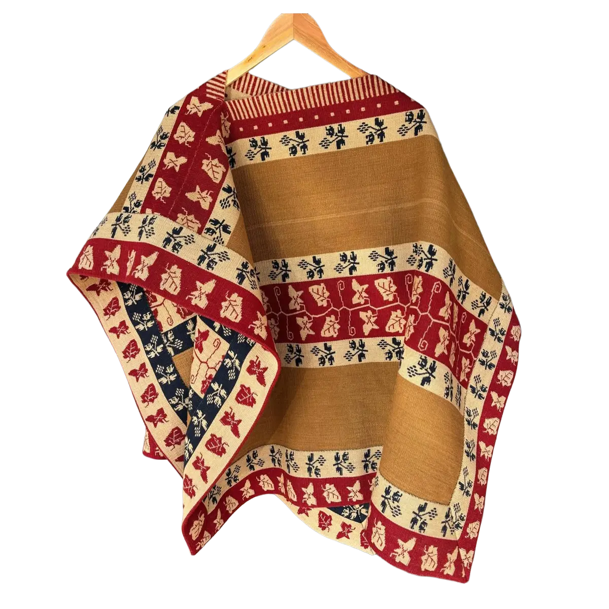 Chamanto de Lana en Tonos Beige con Motivos Rojos y Azules