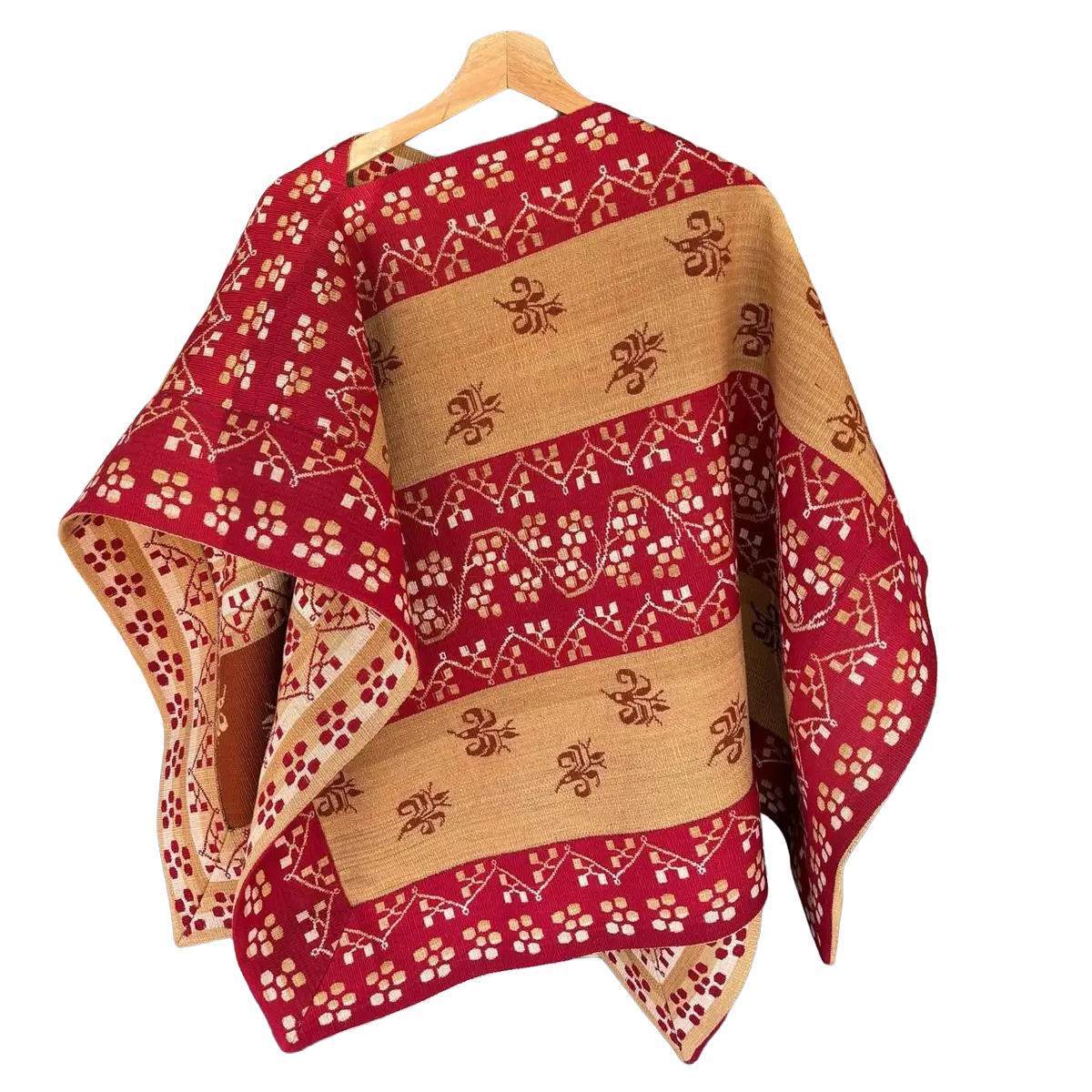 Chamanto de lana reversible con motivos geométricos y figuras tradicionales
