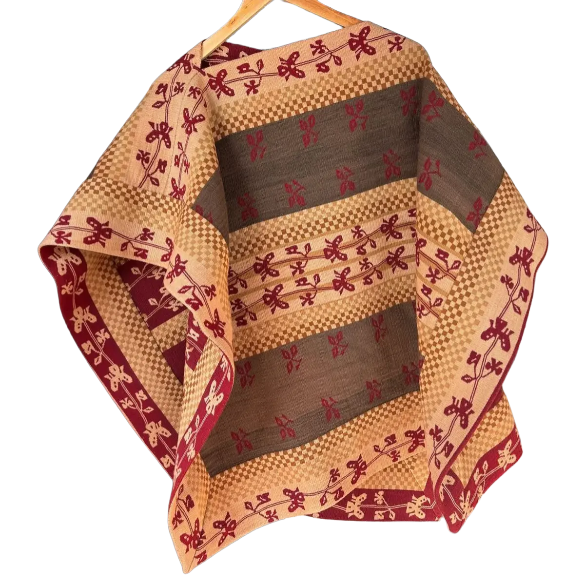 Chamanto de lana en tonos burdeos y beige con motivos tradicionales - Imagen 3
