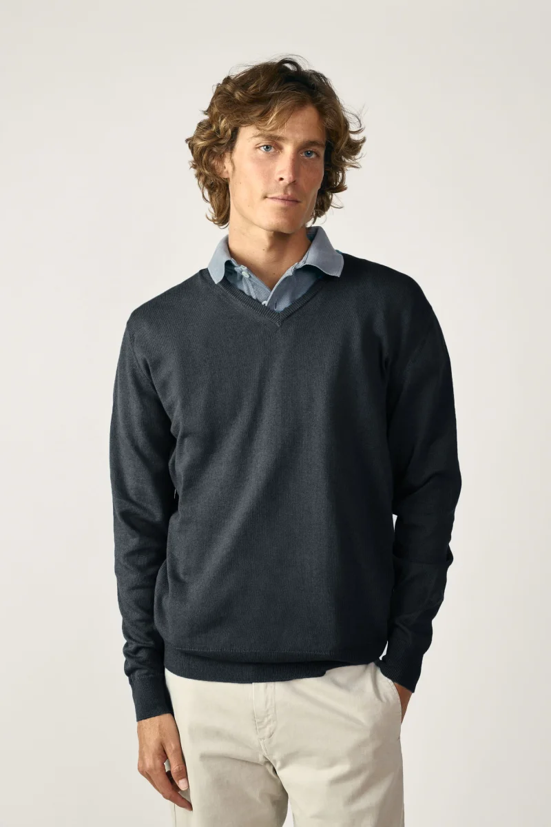 Jersey Cuello Pico Algodón - Gris Marengo - Imagen 2