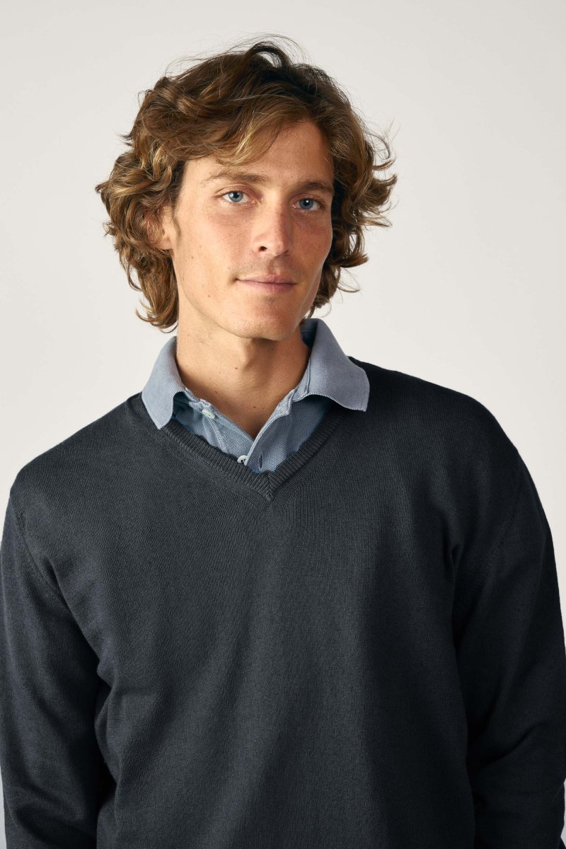 Jersey Cuello Pico Algodón - Gris Marengo - Imagen 3
