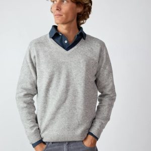 Jersey Cuello Pico Lambswool - Gris Claro