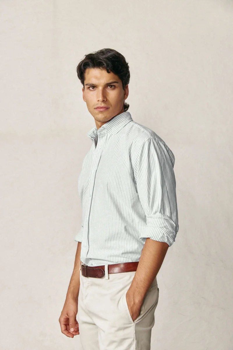 Camisa de Algodón - Oxford Rayas Verde y Blanco