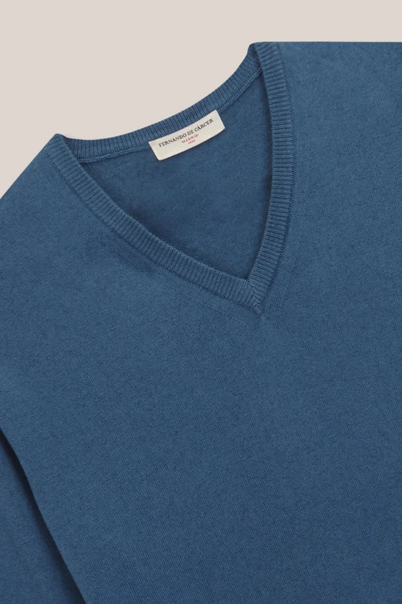 Jersey Cuello Pico Algodón / Cashemere - Azul Petróleo - Imagen 3