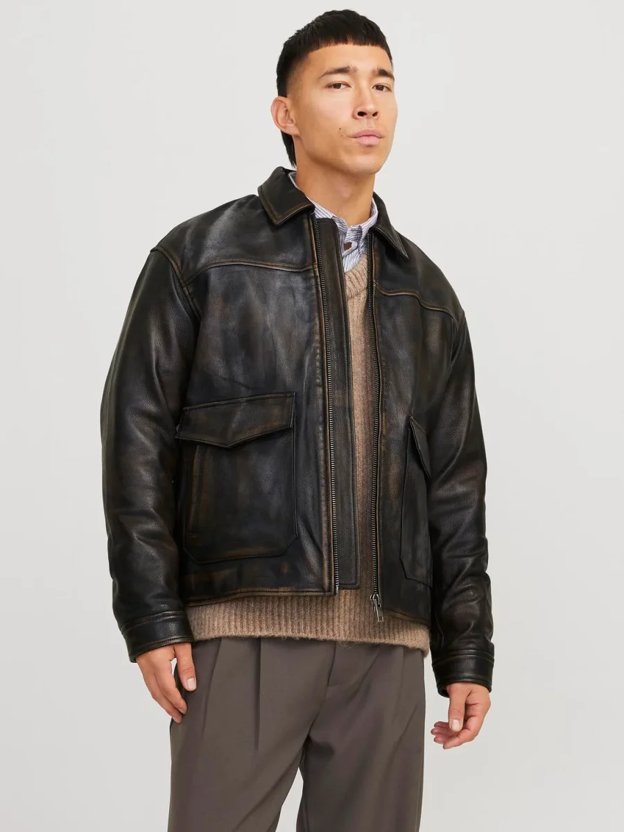 CAMPERA BIKER DE CUERO WALLACE - Brown Stone Detail:WASHED - Imagen 6