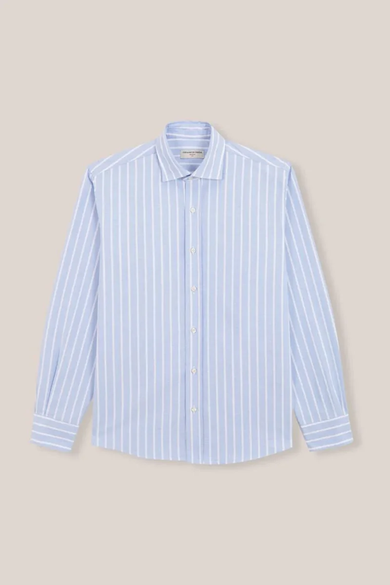 Camisa de Algodón - Oxford Azul Raya Blanca Gruesa