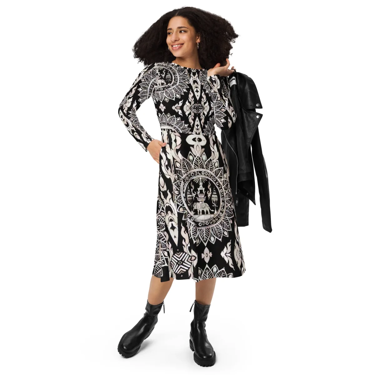 Vestido midi con manga larga all over