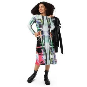 Vestido midi con manga larga all over