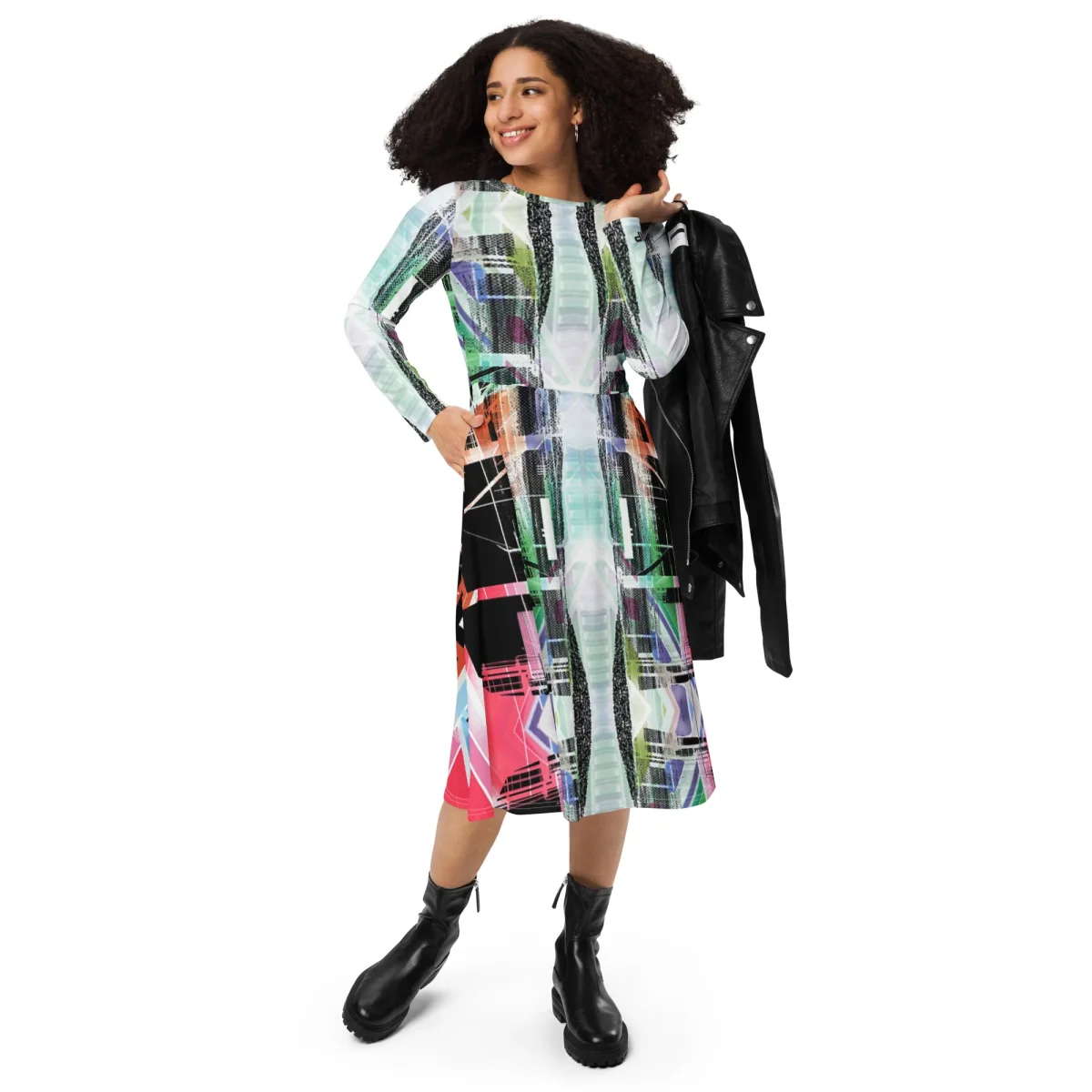 Vestido midi con manga larga all over
