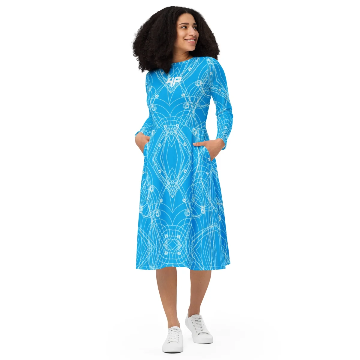 Vestido midi con manga larga all over