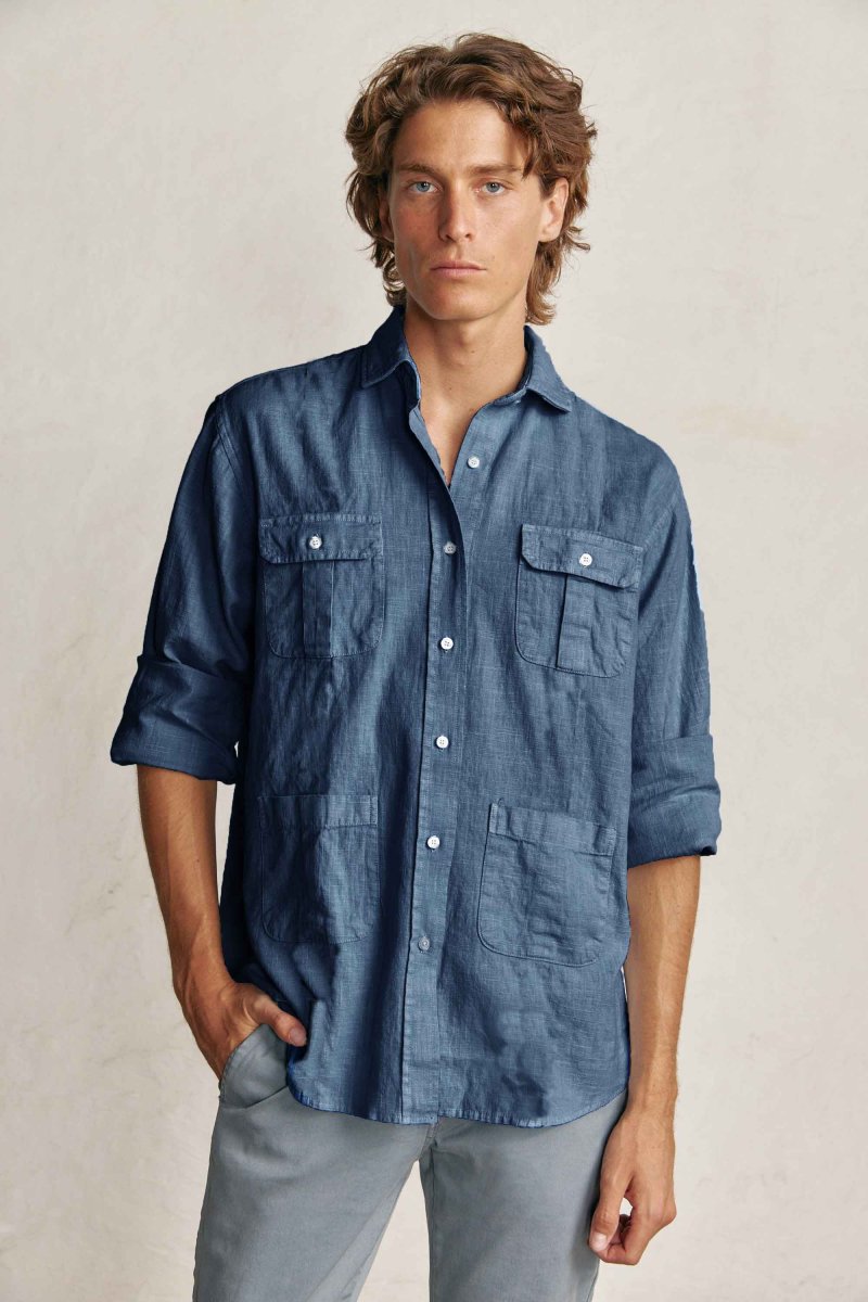 Camisa Guayabera de Lino - Azul Marino