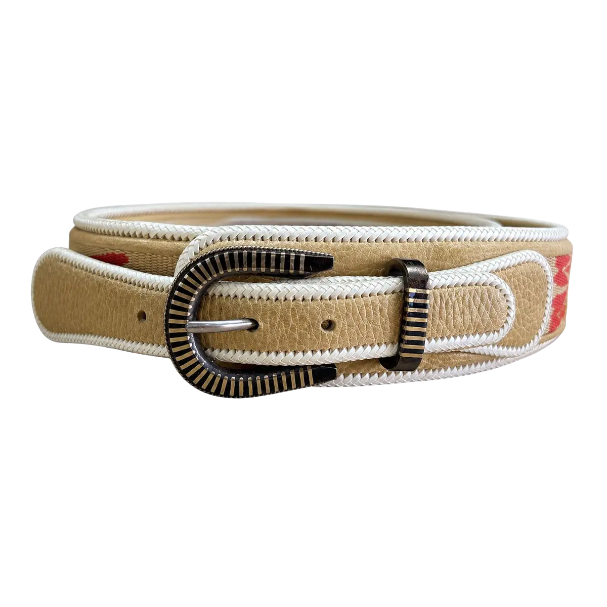 Cinturón Fino de Chamanto Beige con Diseño Rojo