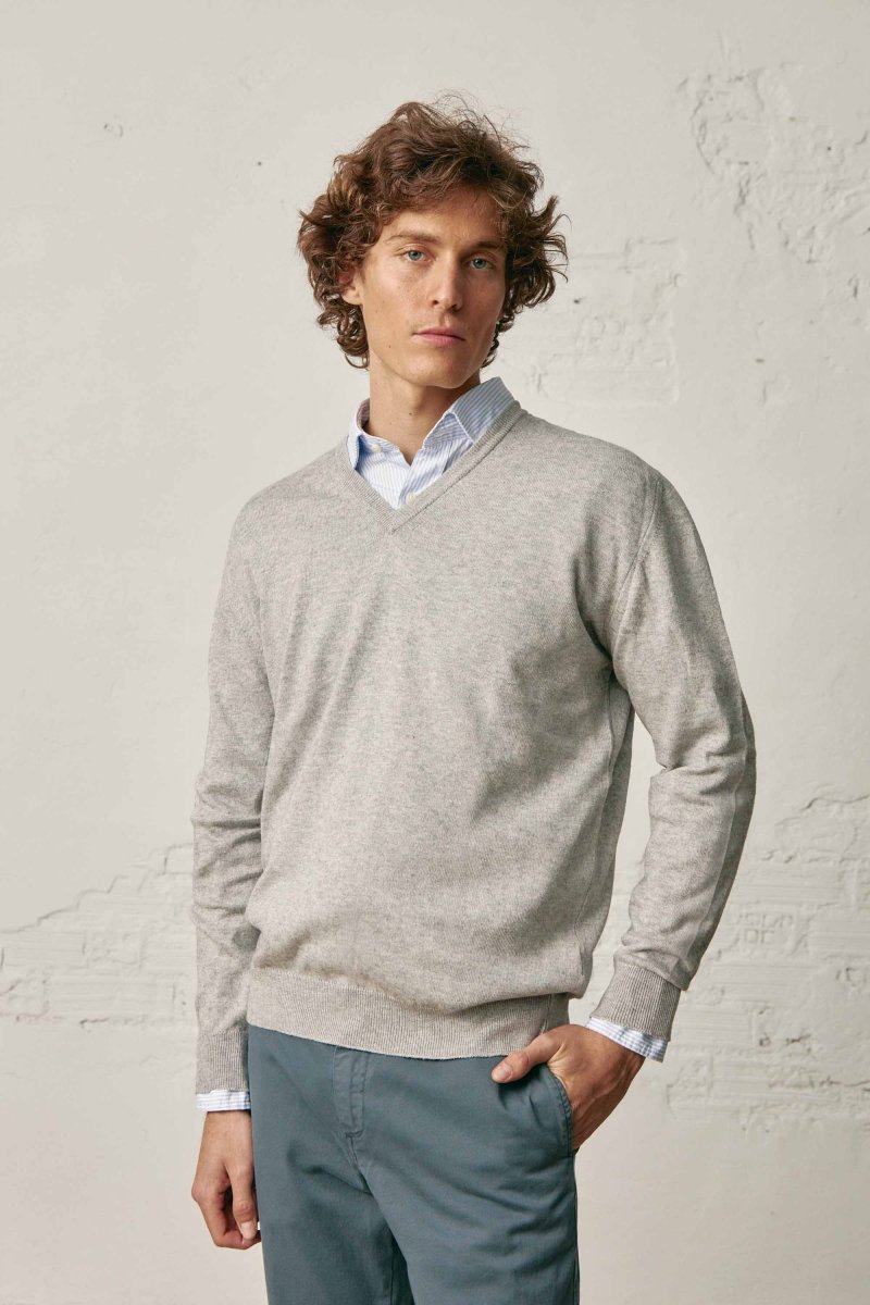 Jersey Cuello Pico Algodón / Lana - Gris Claro