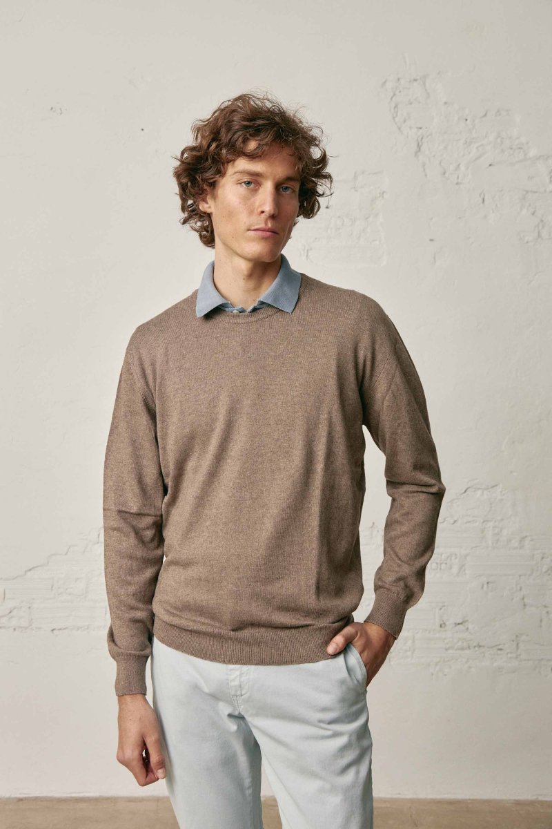 Jersey Cuello Redondo Fino Algodón / Lana - Tostado - Imagen 2