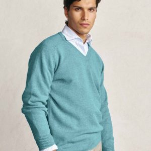 Jersey Cuello Pico Lambswool - Turquesa