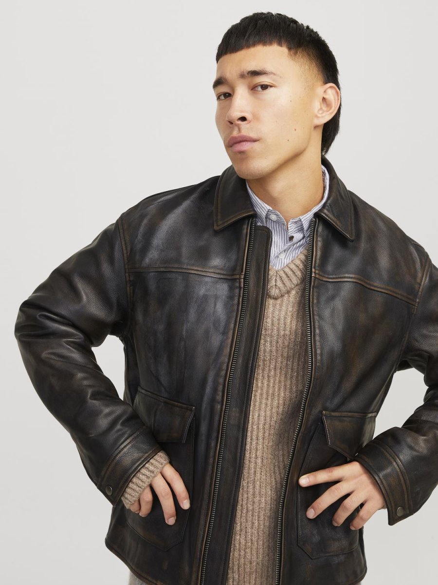 CAMPERA BIKER DE CUERO WALLACE - Brown Stone Detail:WASHED - Imagen 7