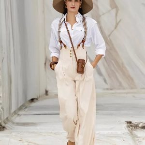 Pantalón denim palazzo con doble pinza y tirantes