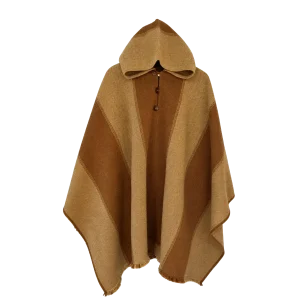 Poncho de Lana Beige y Café con Capucha Artesanal