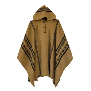 Poncho de Lana Beige con Capucha y Líneas Negras