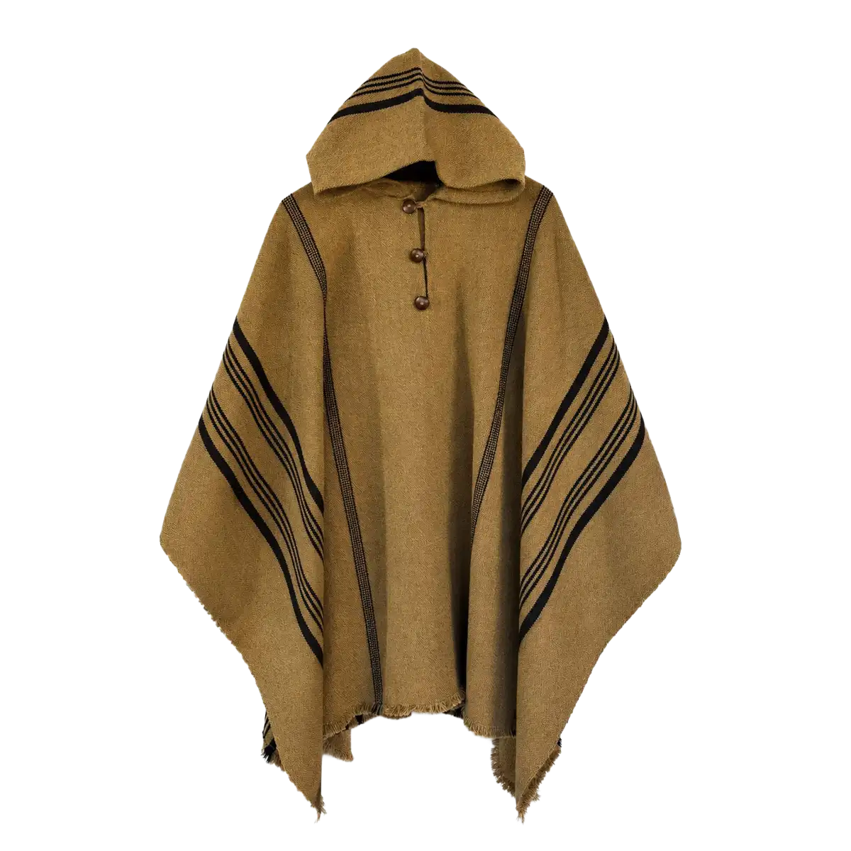 Poncho de Lana Beige con Capucha y Líneas Negras - Imagen 2