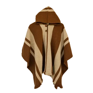 Poncho de Lana Café y Beige con Capucha y Diseño Geométrico