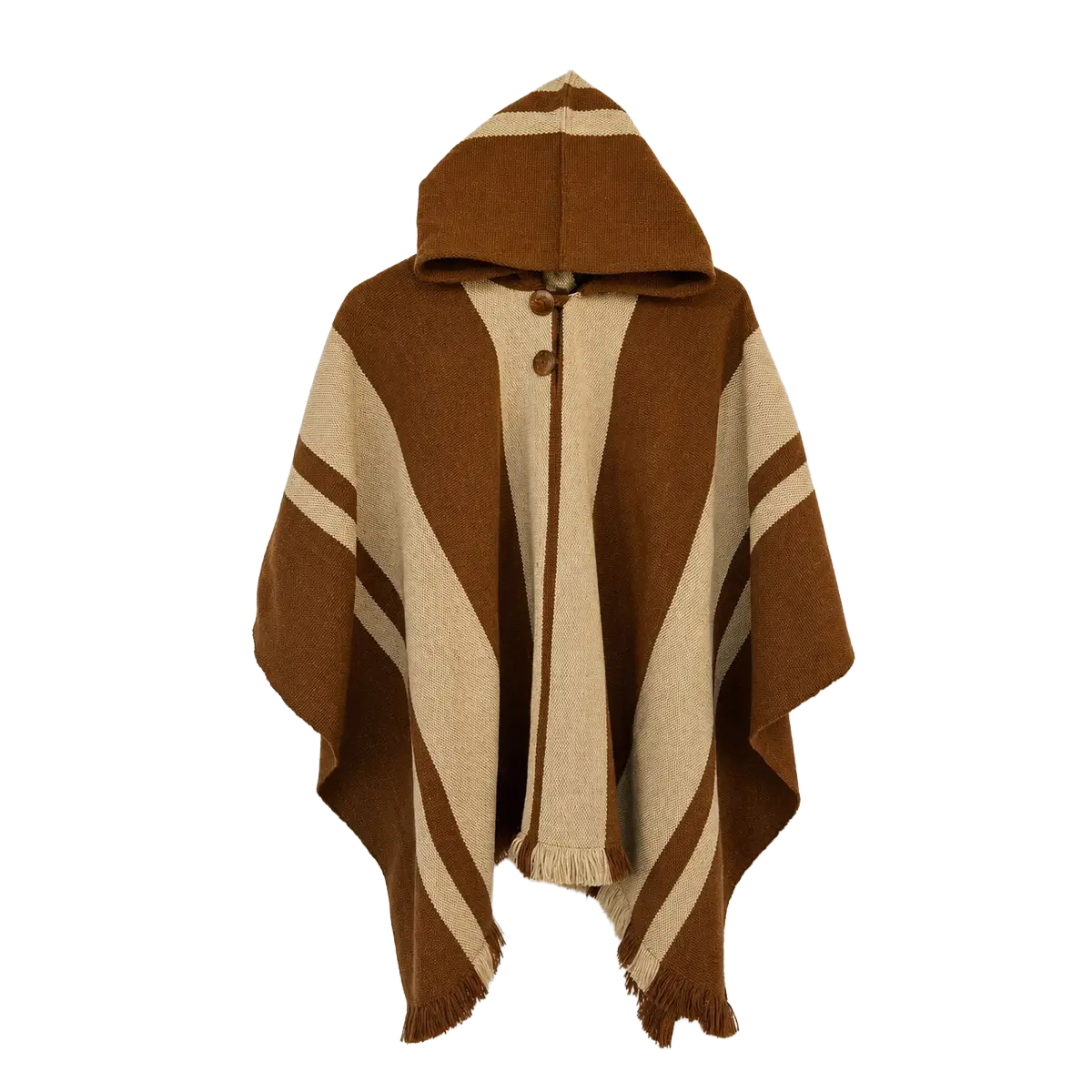 Poncho de Lana Café y Beige con Capucha y Diseño Geométrico - Imagen 2
