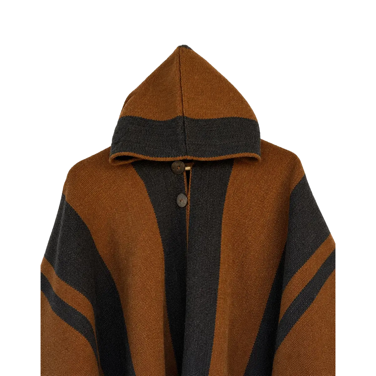 Poncho de Lana Café y Negro con Capucha y Franjas Artesanales - Imagen 3