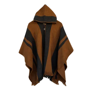 Poncho de Lana Café y Negro con Capucha y Franjas Artesanales