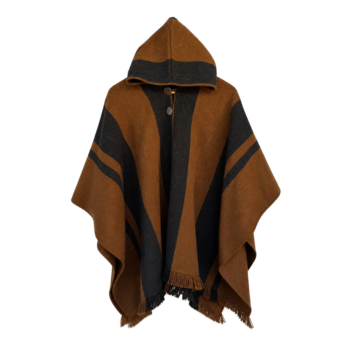 Poncho de Lana Café y Negro con Capucha y Franjas Artesanales