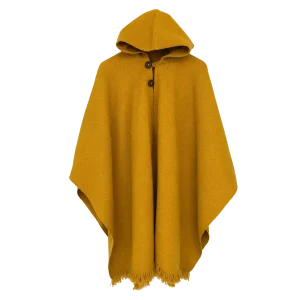 Poncho de Lana Mostaza con Capucha y Botones de Madera