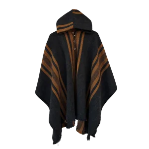 Poncho de Lana Negro y Café con Capucha y Diseño Rayado