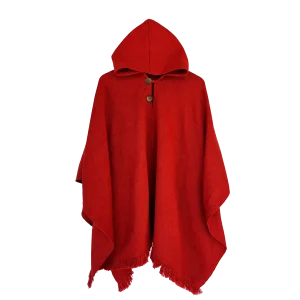 Poncho de Lana Rojo con Capucha y Botones de Madera