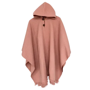 Poncho de Lana Rosado con Capucha y Botones de Madera