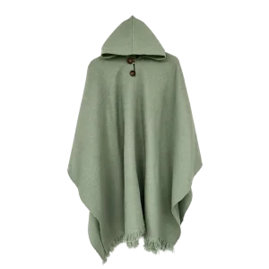 Poncho de Lana Verde Salvia con Capucha y Botones de Madera