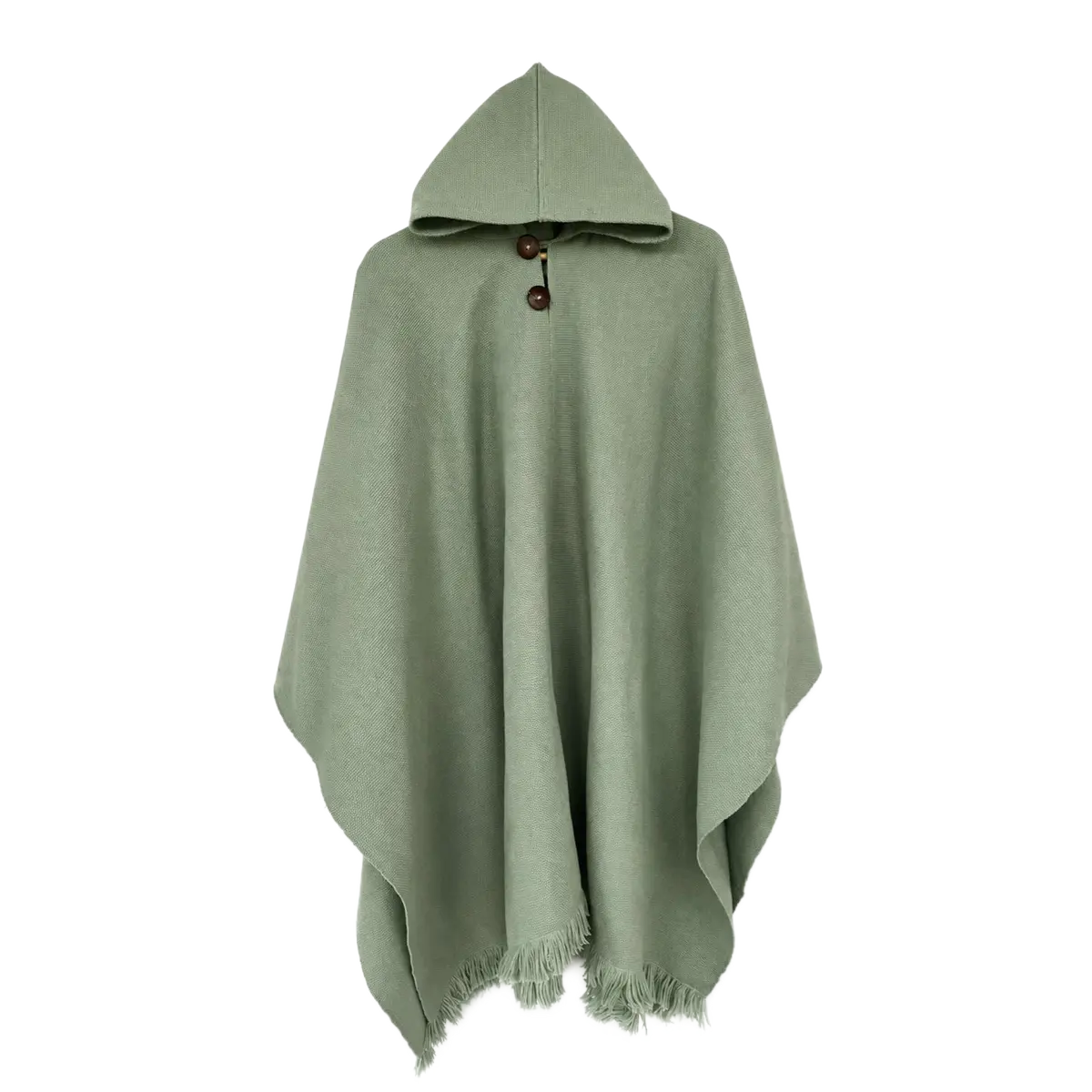 Poncho de Lana Verde Salvia con Capucha y Botones de Madera