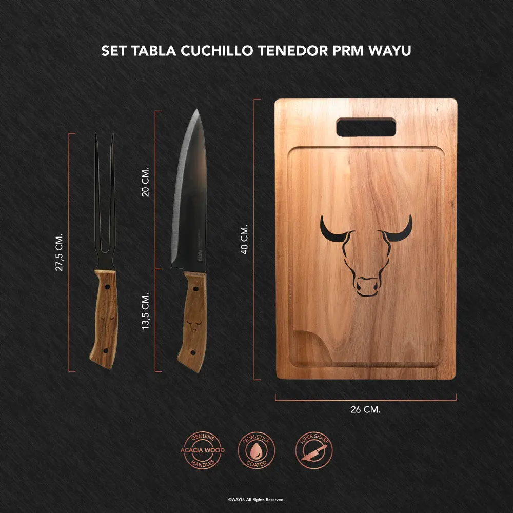 Set Tabla Cuchillo Tenedor Wayu para Parrilla - Imagen 4