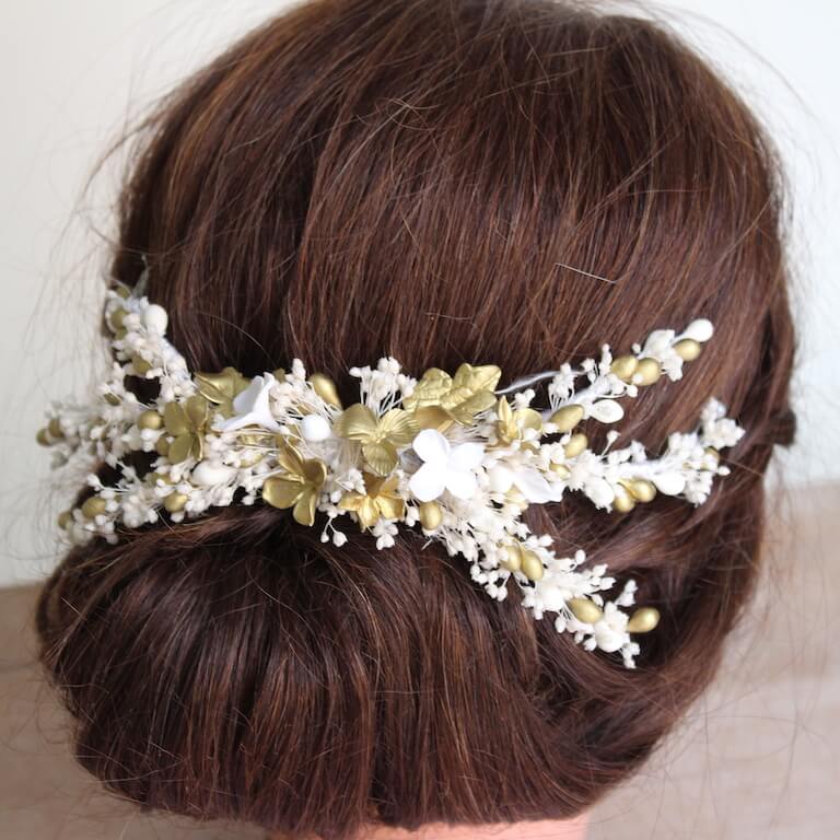 Tocado novia blanco y dorado - Imagen 3