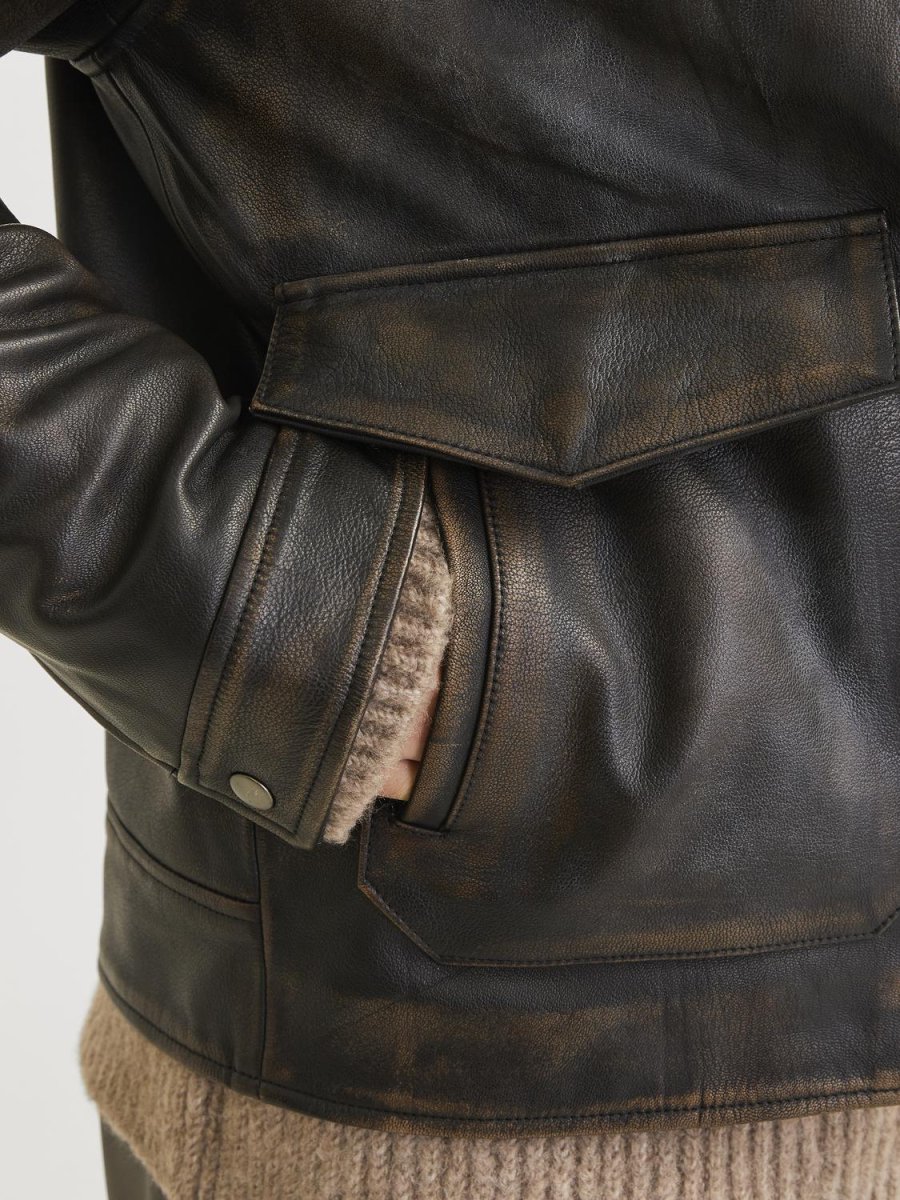 CAMPERA BIKER DE CUERO WALLACE - Brown Stone Detail:WASHED - Imagen 3